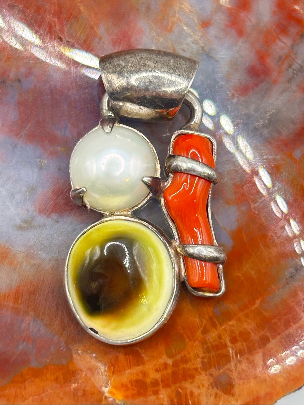 Sterling Silver Pendant with Red Coral Branch, Freshwater Pearl & Shell